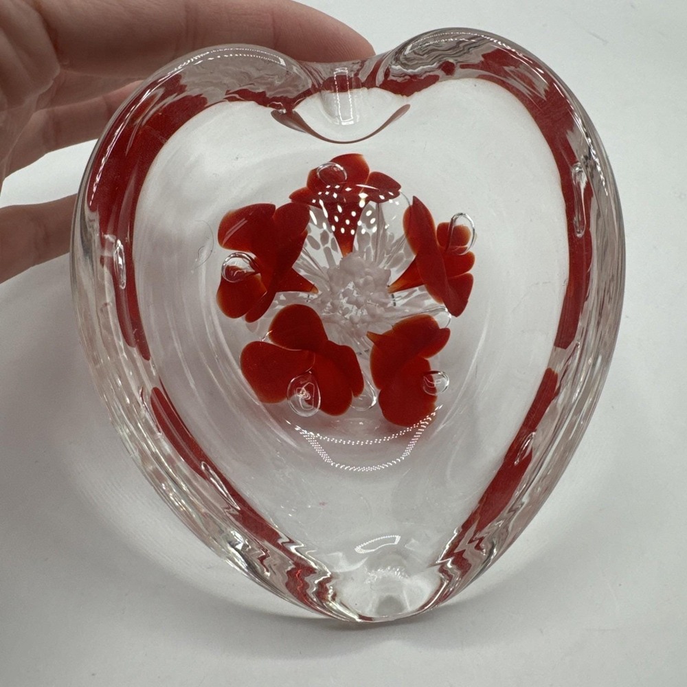 Vintage Joe Rice Clear Glass Red White Cased Heart Paperweight Valentine Ashtray